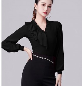 Women girls black red ruffles latin ballroom dance shirts flamenco waltz tango chacha rumba practice dancing blouses tops for female